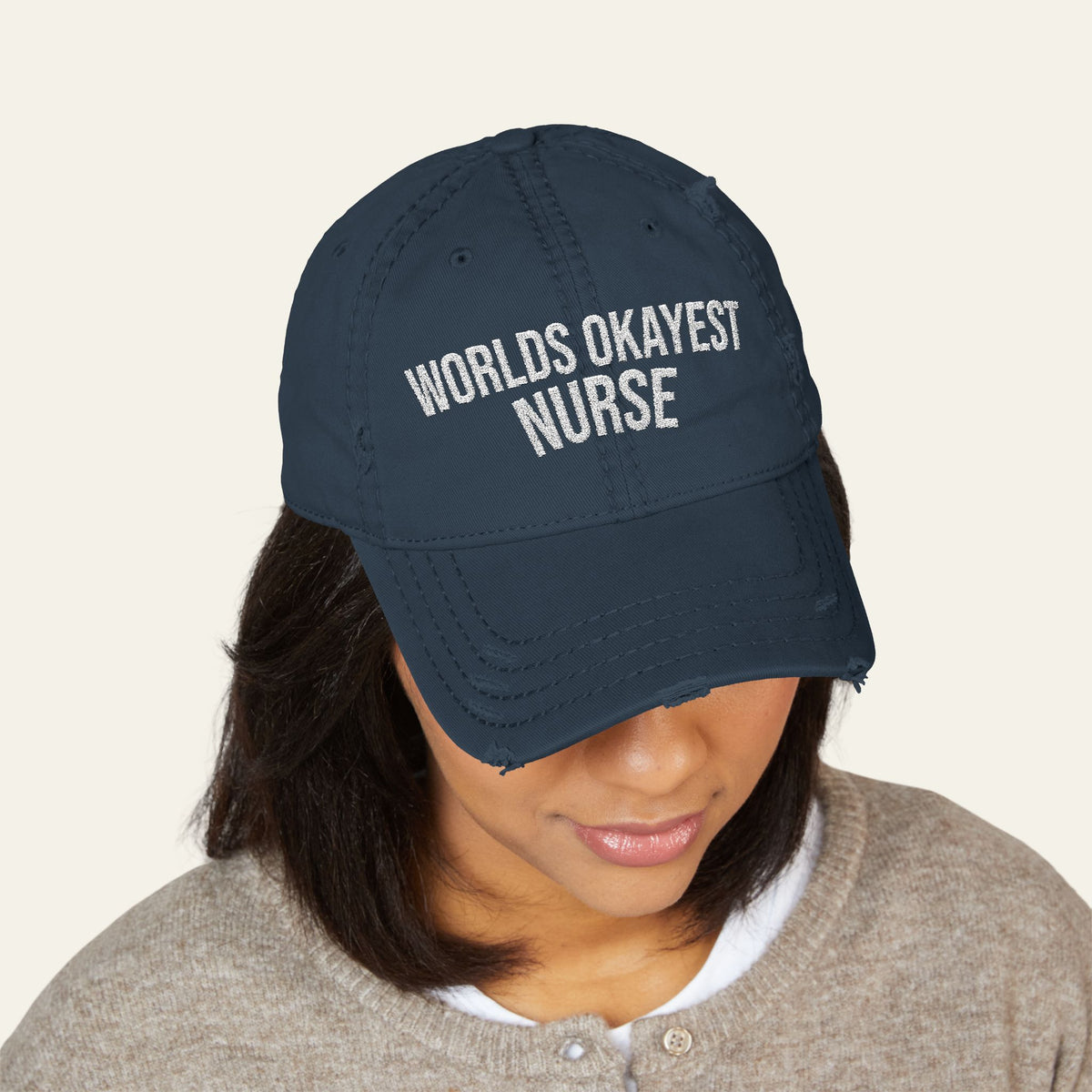 World's Okayest Nurse Embroidered Distressed Hat | New Chapter Tees